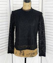 ZARA  Lace Shirt Mock Neck Long Sleeve Sheer Back Blouse Black Medium