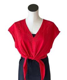 ZARA NWT  Red Eyelet Crop Top Tie Front Boho Blouse Bloggers Fav Small Red