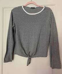 Grey And White Striped Blouse Flowy Sleeves 