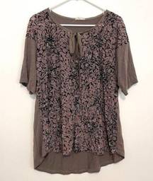 MYSTREE Brown Purple Velvet Velour Floral Tie Neck Short Sleeve Boho Blouse Top