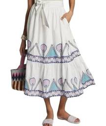 NEW Anthropologie Embroidered White Purple Tiered Maxi Skirt Sz Small