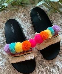 American Eagle  Boho PomPom Multicolor Slide on Sandals