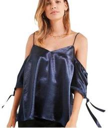 Silence + Noise Navy Blue Satin Cold Shoulder Blouse