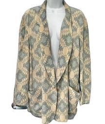 Vintage 80s Alfred Sung 100% Silk Aztec Tan Sage Green Boxy Blazer Size L *GOOD*