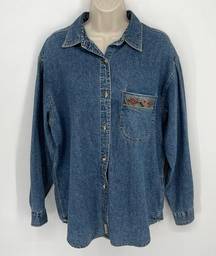 Woolrich Women's VINTAGE Blue Denim Jean Shirt Floral Embroidery Size M Blue