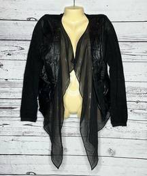 Gracia Size M Black Faux Leather - Chiffon Drape Moto Style Jacket Cardigan