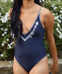 Aerie Navy Blue & White Floral Embroidered Plunge Cheeky One-Piece Swimsuit