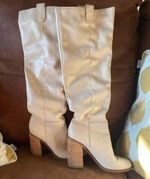 Knee High Soft Leather Boots - Cream - Comfy