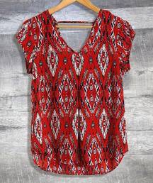 Dr2 Daniel Rainn Red Double V Short Sleeve Blouse Women S Low Back Navy Ikat Top