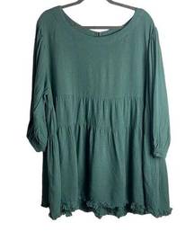 Umgee Size 1X Linen Dress Belle Sleeves Sage Green Fringe Hem Mini Scoop Neck