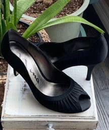 Nina Womens Evening Black Satin Peep Round Toe Pumps Slip On Shoes Size 9M