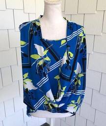 Alfani  Women's Blue Floral Surplice Neck Sleeveless Faux Wrap Blouse sz Medium