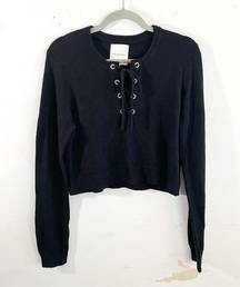 Avec Les Filles Sweater Black Alpaca & Wool Blend Lace Up Crop Knit Sz M EUC