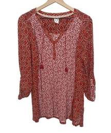 AKEMI + Kin ANTHRO Women's Humboldt Tunic Top Boho Red Floral Tasseled Medium