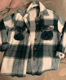 Green & Multi Color Plaid Flannel Shirt Jacket.