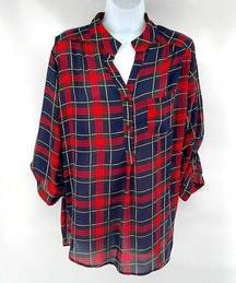 CALS green navy blue red white plaid semi sheer v neck tunic shirt top medium