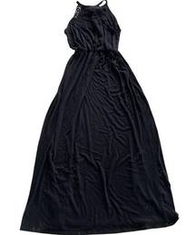 No Comment Dress Womens Large Black High Crochet Neck Sleeveless Maxi Stretch