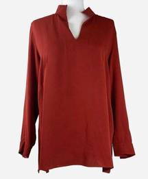 AKRIS Solid Rust Orange / Red Collared Long Sleeve 100% SILK Tunic Blouse Top