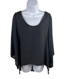 Haute Society Black Sheer Pullover High Low Crochet Tassled Sleeves Top XL