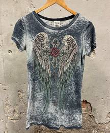 Vintage Y2K Grunge  USA Made Studded Rose Floral Angel Wing Top Large L