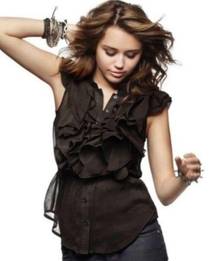 Miley Cyrus  X Max Azria Sheer Ruffle Blouse X-Large black button Mandarin collar