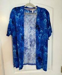 Isaac Mizrahi Live Blue Floral Short Sleeve Open Front Cardigan Medium