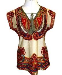 Bohemian Paisley Print Tie Front Cap Sleeve shirt size Small