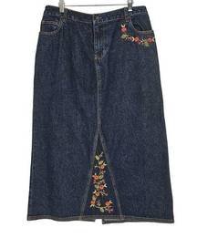 LA Blues Womens Plus Size 14W Boho Floral Embroidered Dark Denim Jean Maxi Skirt