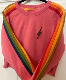 Aviator Nation Cropped with rainbow stripped sleeves and grey lightning bolt