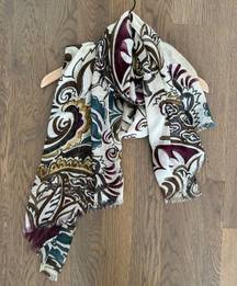 100% Cashmere Stole Scroll Print in Cream, Eggplant, Green, and Brown