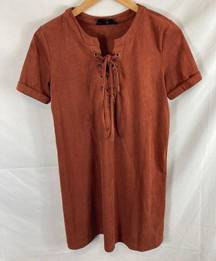 Sweet Wanderer Faux Suede Lace up Short Sleeve Dress S