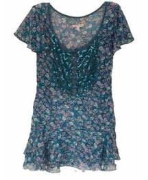 Charlotte Russe  Blue Flowered Tunic Top with Sequins