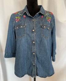 Route 66 Vintage Denim 3/4 Sleeve Blouse With Embroidery Floral Snap Closure L