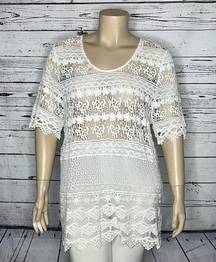 Catherines Size 1X 18/20 White Boho Crochet Lace Cover-Up Tunic Shirt Top