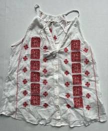 Joie  high neck halter crepe boho top white with red embroidery size small