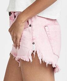 Mid Waist Le Wolves Distressed Button Fly Denim Shorts Pink