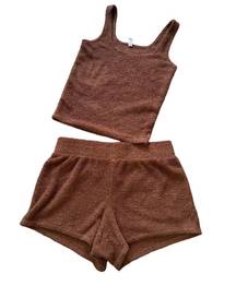 brown teddy bear fleece shorts set women’s medium