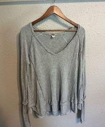 We The Free Free People Oversized Gray Raw Hem Long Sleeve Waffle Knit Thermal Shirt Size XS