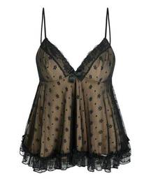 NWT Sexy Floral Lace VNeck Ruffle Cami Stretch Top Adjustable Straps M Black Tan