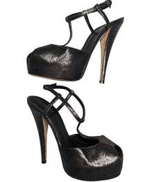 Giuseppe Zanotti  Monro Black Metallic Leather T-Strap Platform Sandals 38.5 8