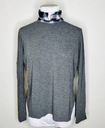 She + Sky Top Flannel SMALL Gray Mixed Media Plaid Pullover Oversized Knit Top