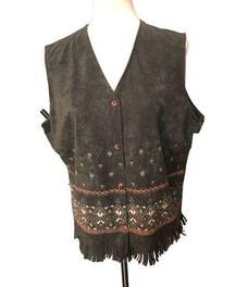 Notations faux suede Aztec western button front fringed dark green vest NWT XL