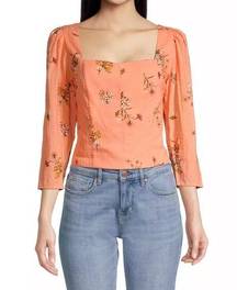 🦋 NWT A.n.a Orange Square Neck Floral Prairie Long Sleeve Crop Top Cottagecore