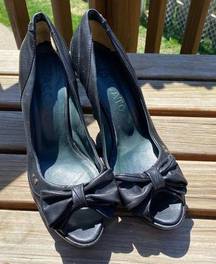 Staccato black leather peep toe heels with bow