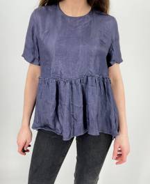 Silk Blend Baby Doll Top in Dark Blue Size M