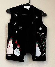 Croft & Barrow Sweater Vest Women's Size pm p m Black Christmas Embroidered Acry