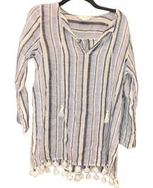 Striped 100% Linen Tassel Tunic Coverup Blue Pink Small