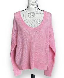 New Mango MNG Bright Pink Open Knit Oversized Wool Blend V-neck Sweater XXL NWT