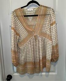 Rose + Olive Orange/Green/Cream Boho Sheer Blouse size L