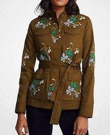 Ann Taylor Olive Green Floral Embroidered Safari Utility Jacket Size M NWT